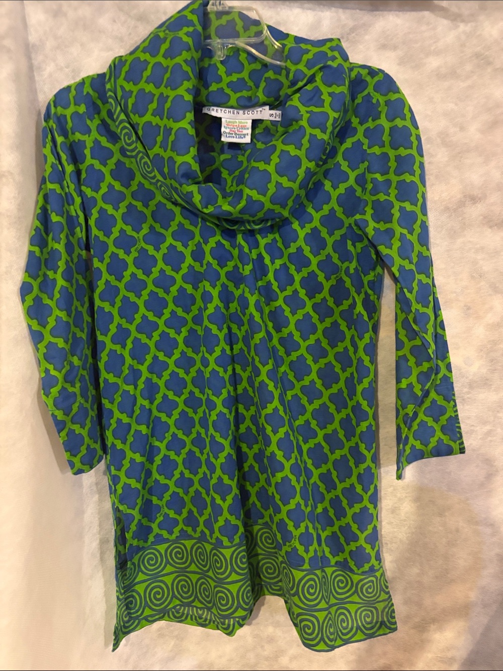 Gretchen Scott Designs Blue and Green Geometric Cowl Neck Tunic